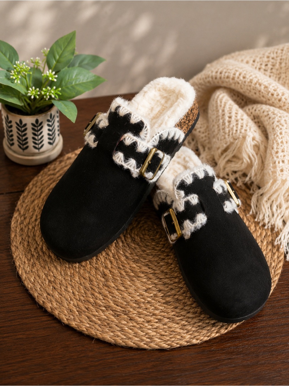 Not Rated Black Faux-Fur Trim Slip-On Clog with Buckles